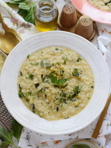 Creamy risotto in a white bowl.