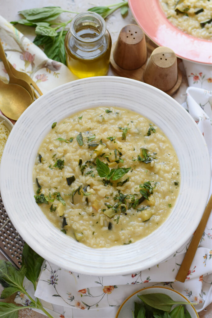 Creamy risotto in a white bowl.