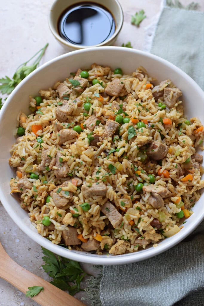 Pork fried rice in a serving bowl.