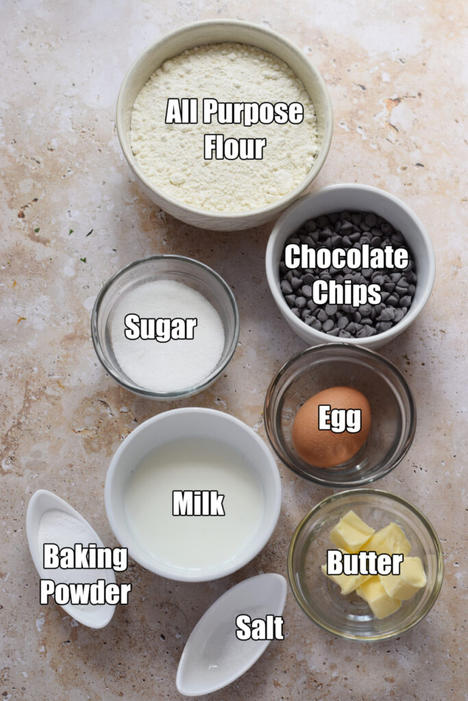 Ingredients to make chocolate chip drop scones.