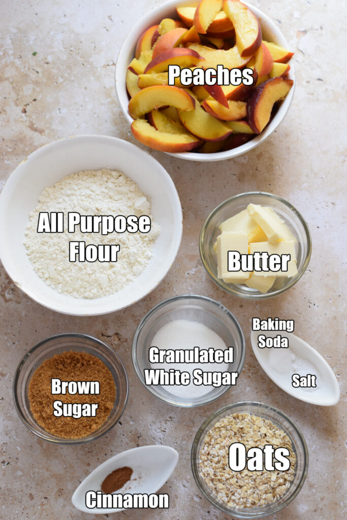 Ingredients to make peach crumble bars.