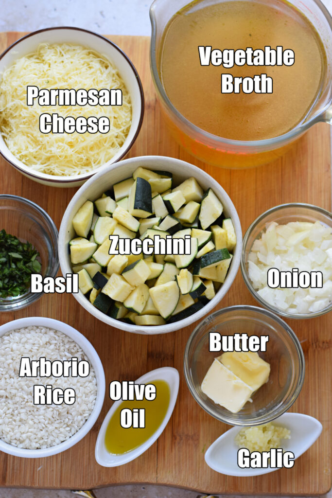 Ingredients to make zucchini risotto.