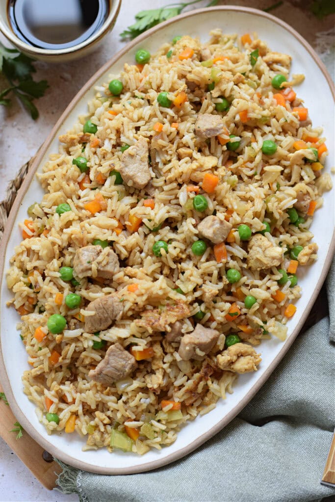 Pork fried rice on a white serving plate.