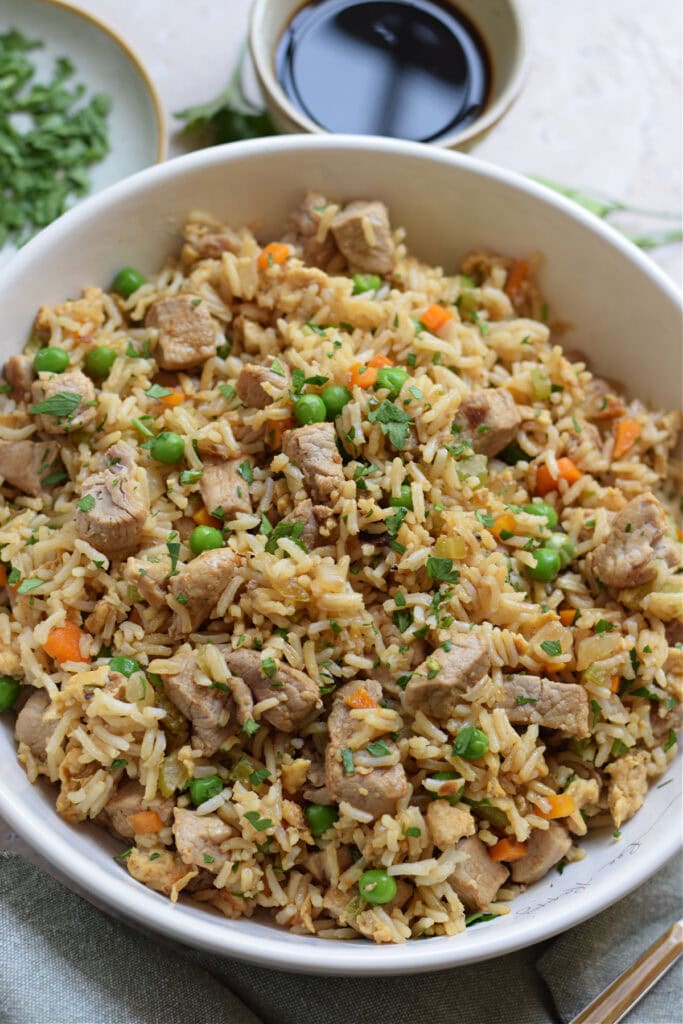 Pork Fried Rice in a round serving dish.