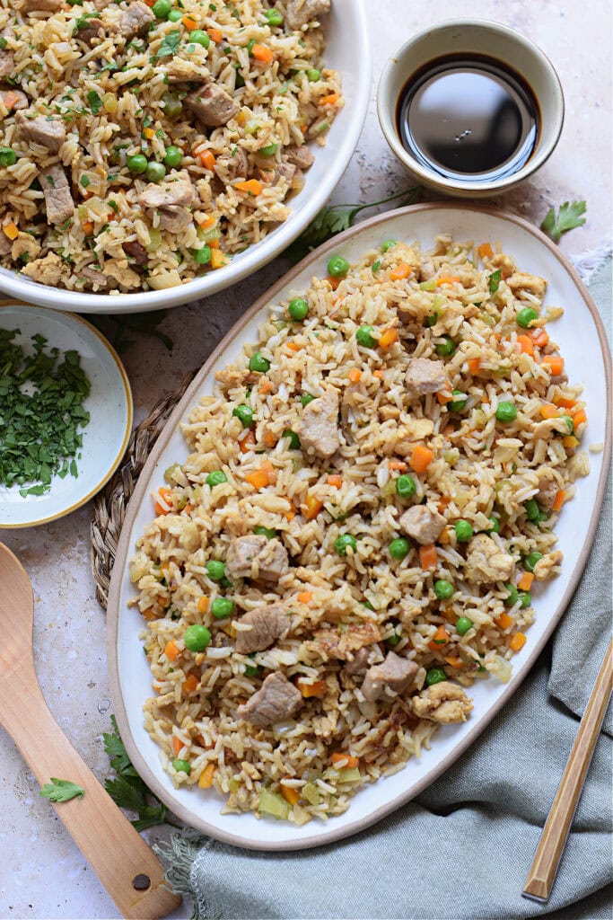 Fried rice with pork on a serving plate.
