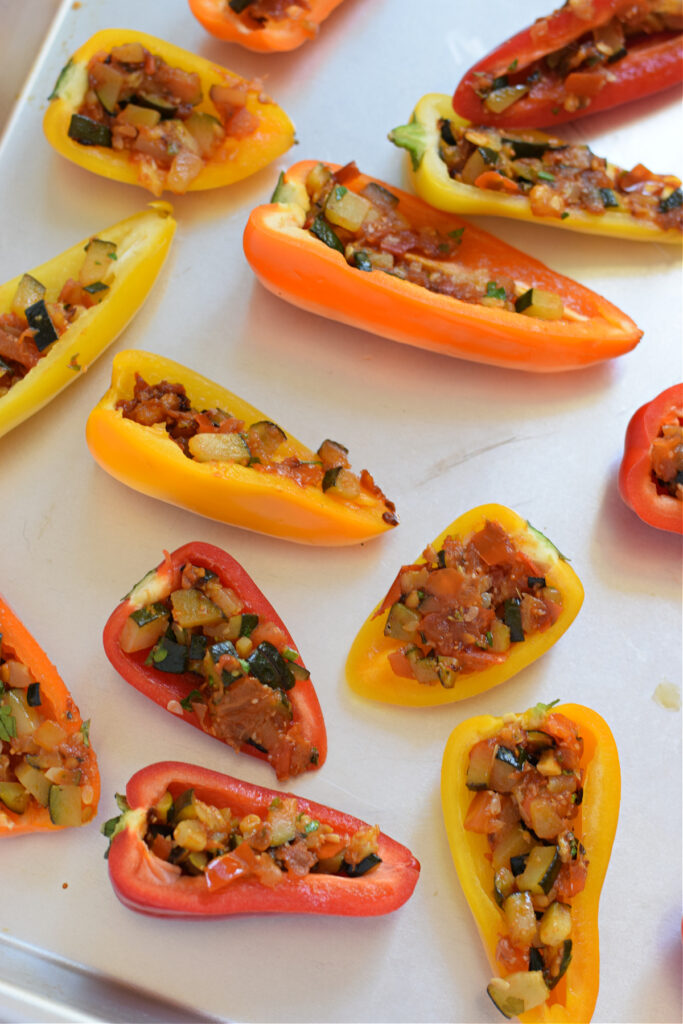 Stuffed mini peppers ready to bake.