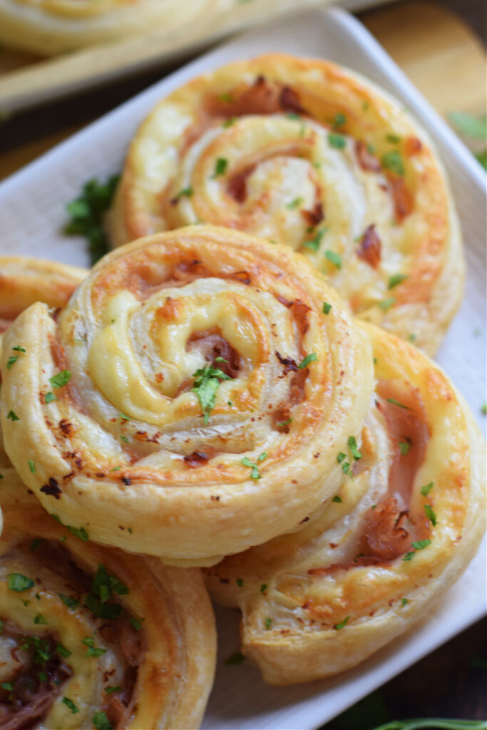 Close up of ham and cheese puff pastry.