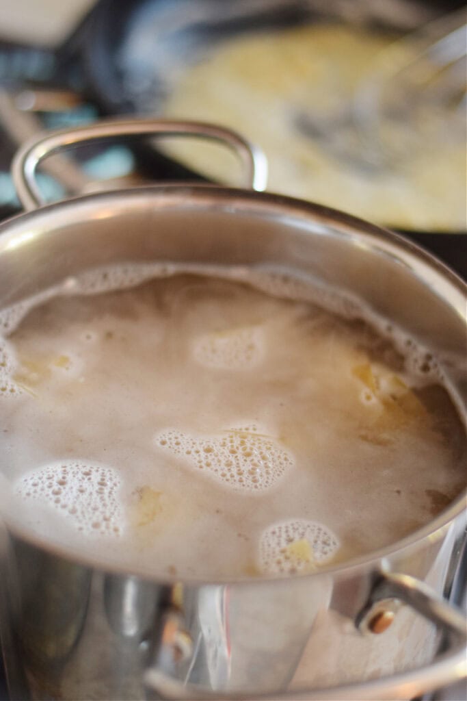 Cooking pasta in a saucepan.