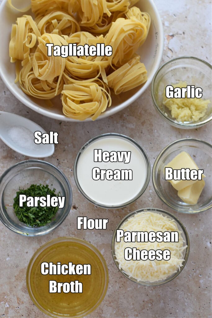 Ingredients to make creamy garlic pasta.