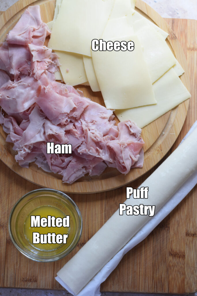 Ingredients to make ham and cheese puff pastry.