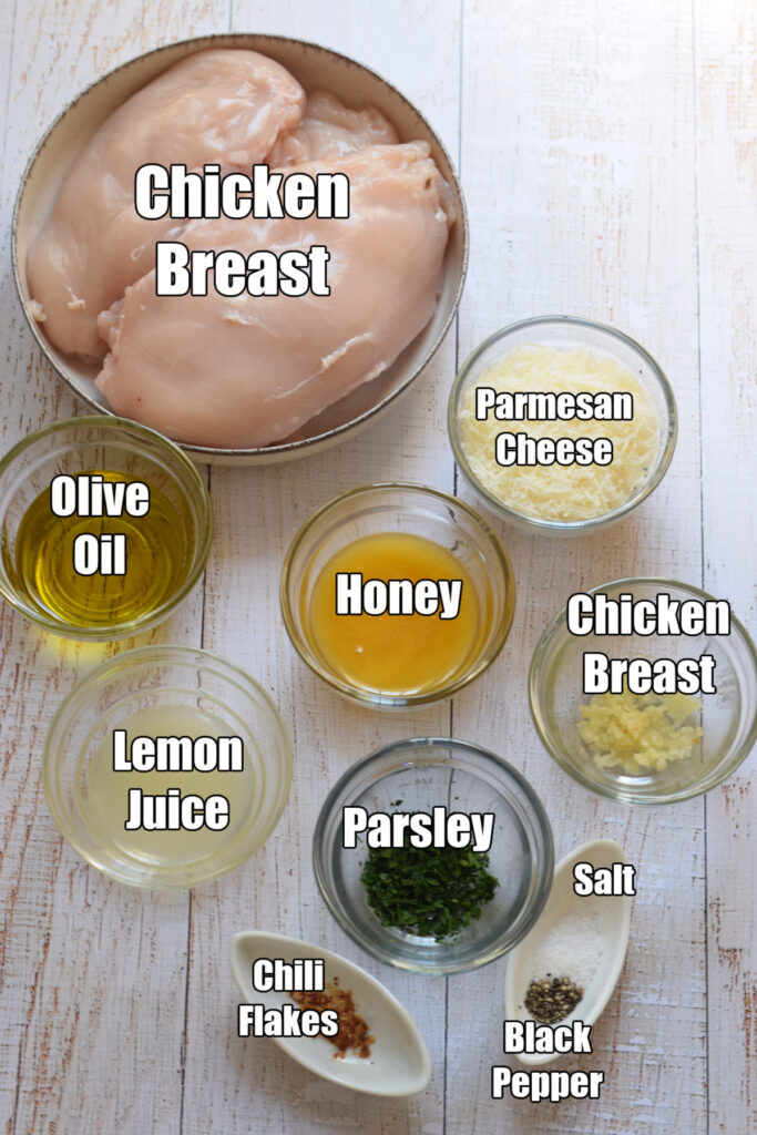 Ingredients to make honey garlic chicken breast.