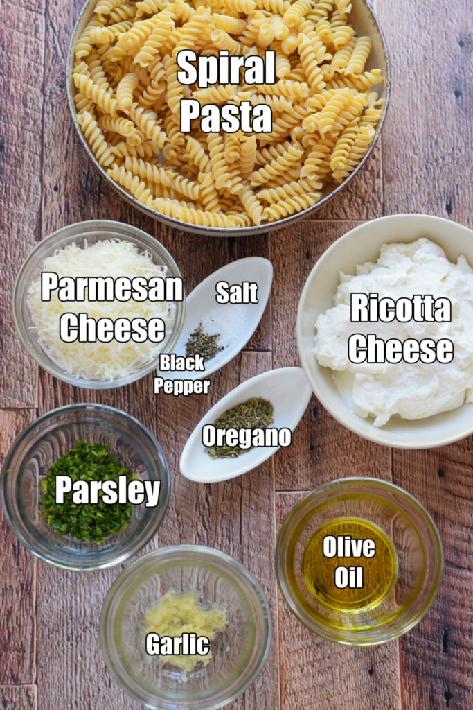 Ingredients to make creamy ricotta pasta.