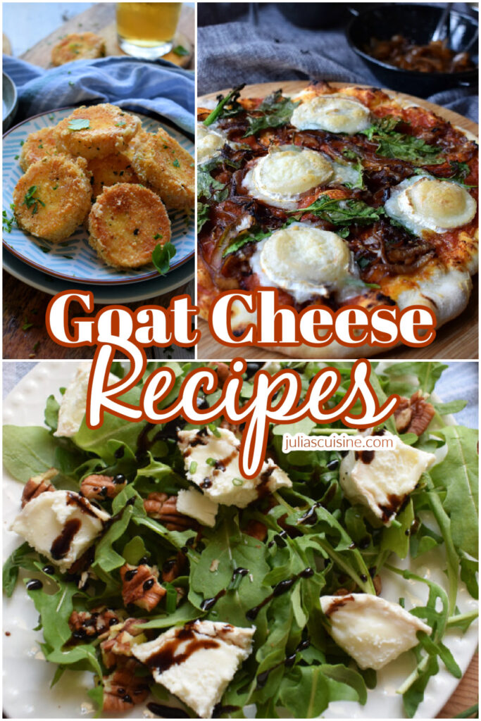 Photo collage of goat cheese recipes.