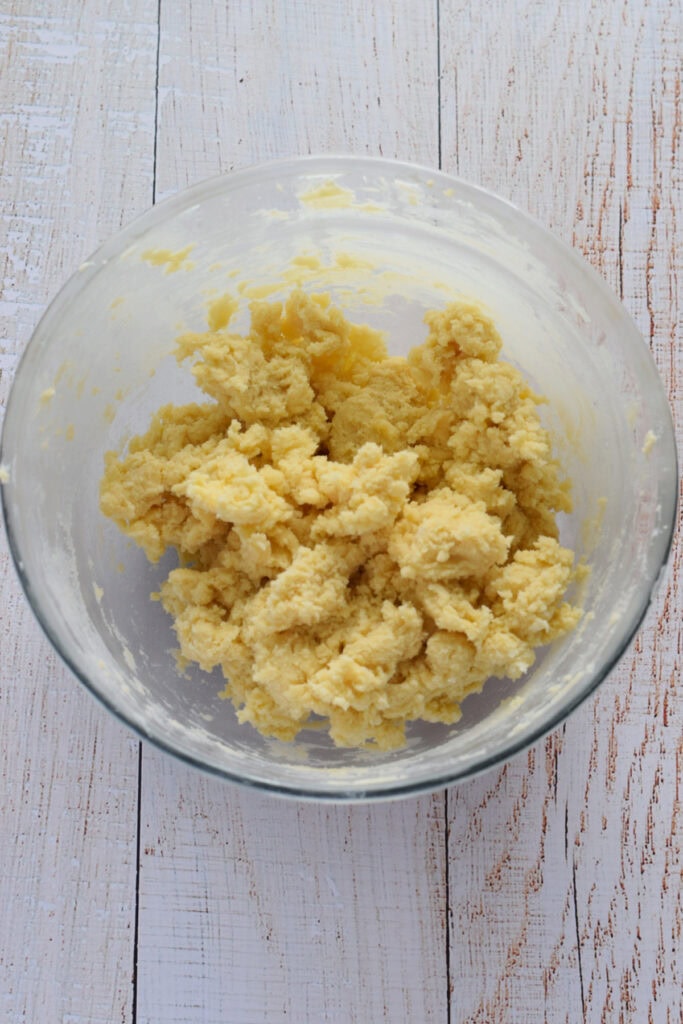 Cookie dough in a glass bowl.