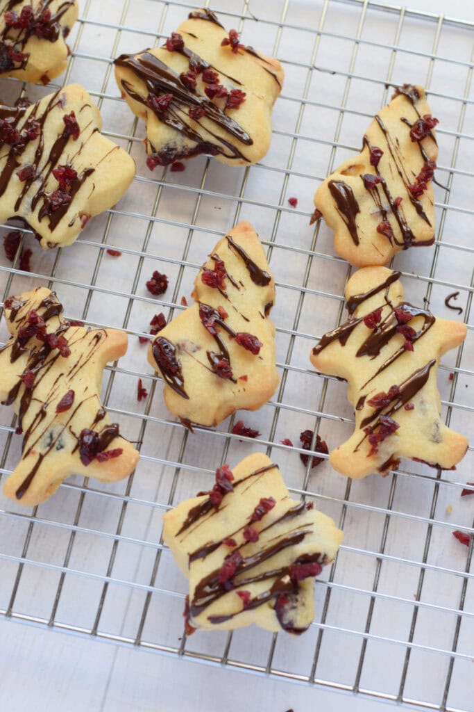 Chocolate topped shortbread cookies on a baking tray.