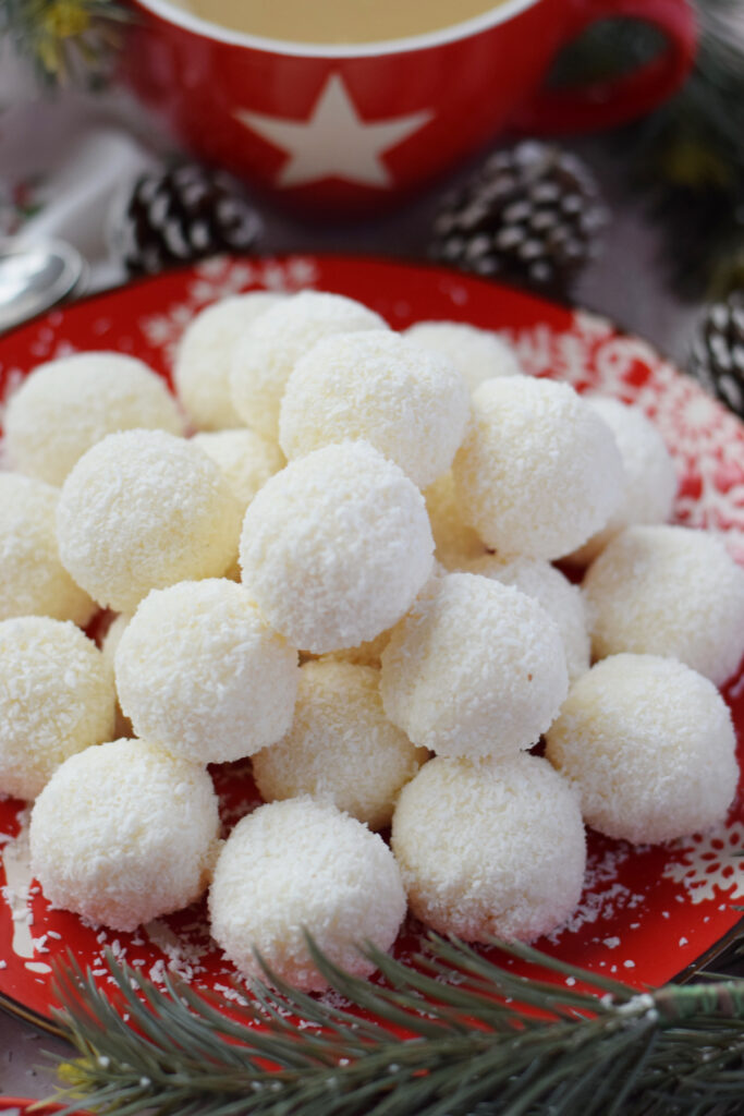 Close up of condensed milk coconut balls.