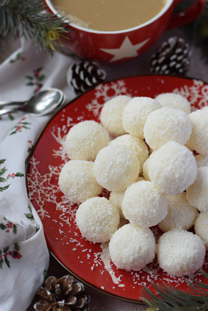 Close up of condensed milk coconut balls.