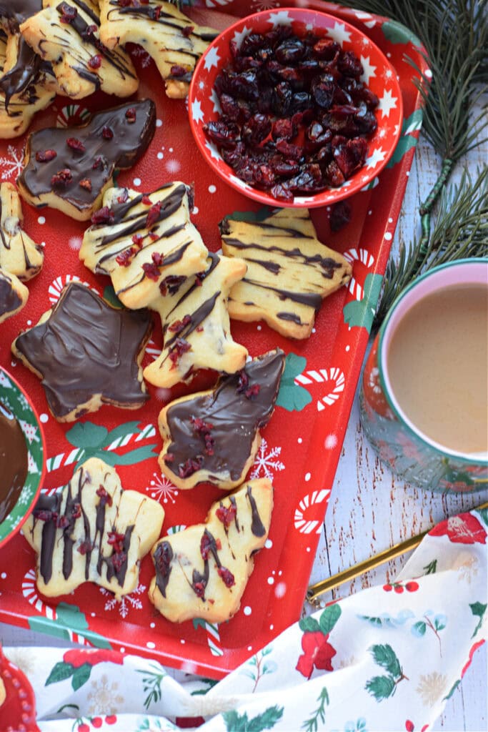 Dark chocolate cranberry shortbread on a christmas tray.