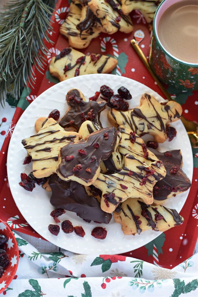 Dark chocolate cranberry shortbread cookies on a white plate.