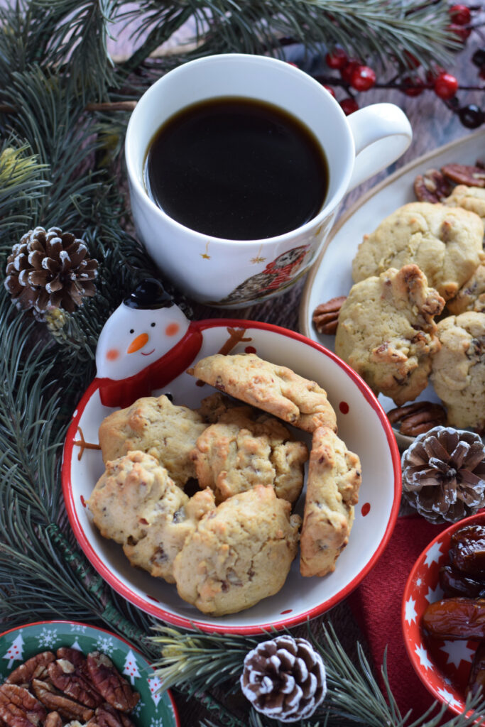 Date pecan cookies with a cup of coffee.