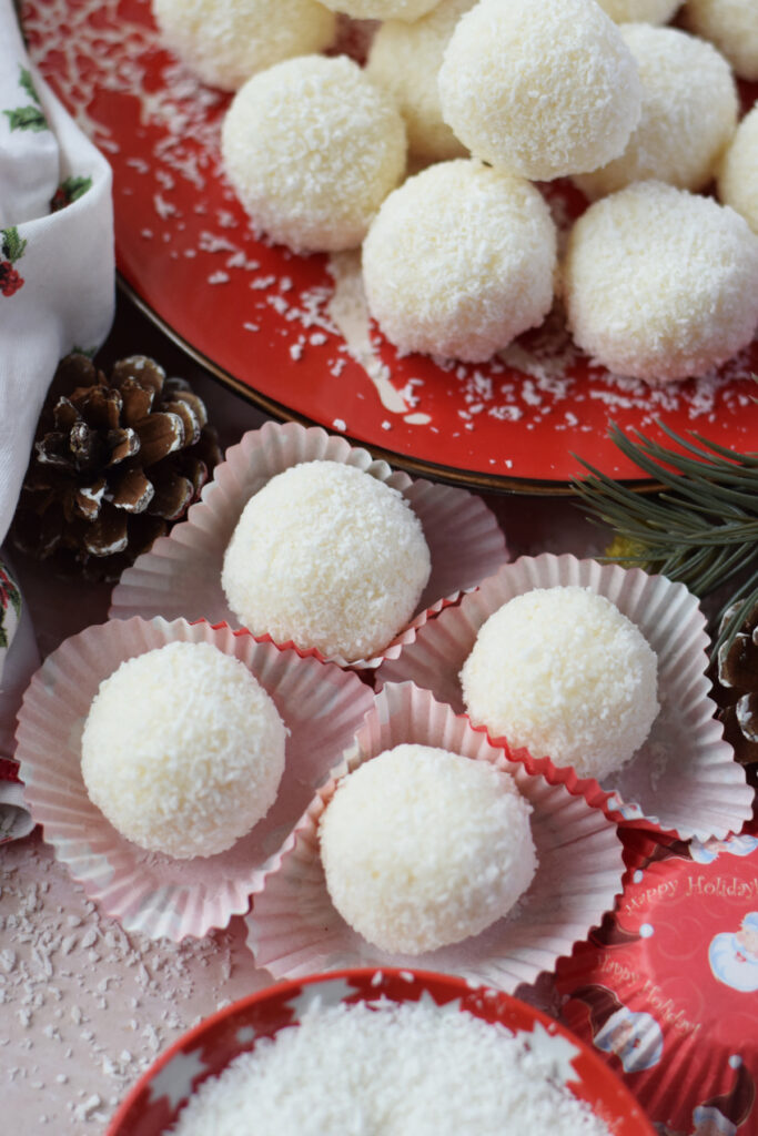 Close up of condensed milk coconut balls.