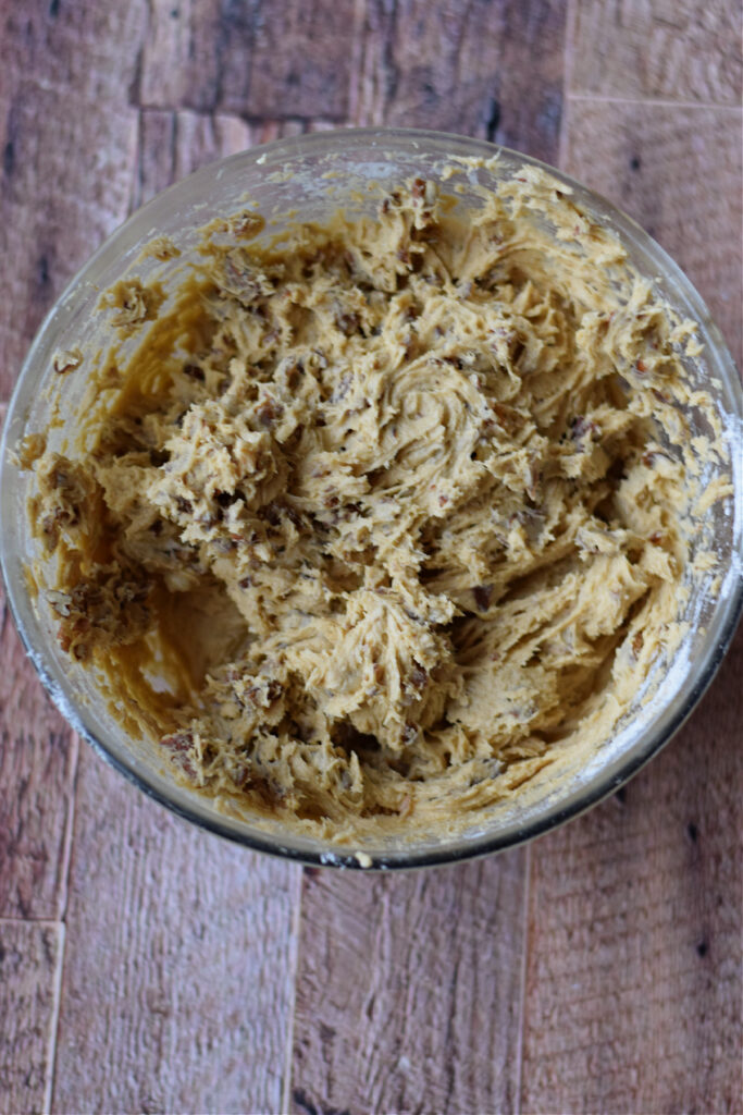 Cookie dough in a glass bowl.