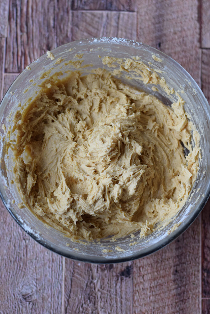 Cookie dough in a glass bowl.