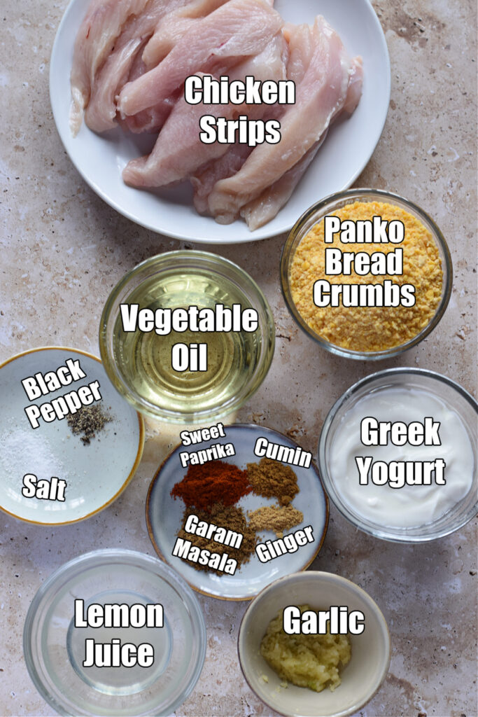 Ingredients to make crispy chicken tikka strips.
