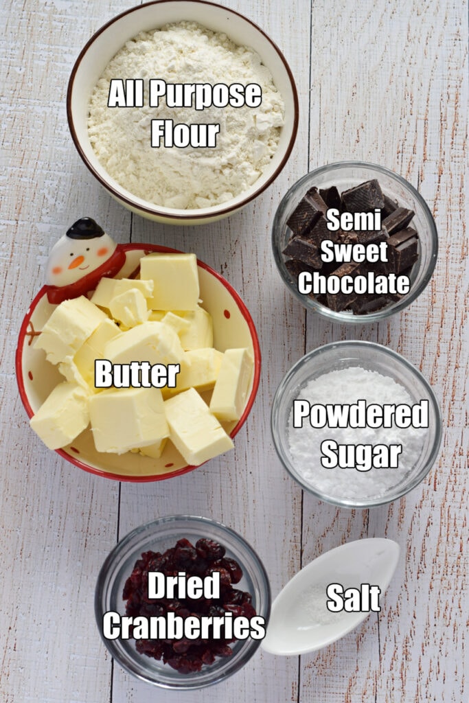 Ingredients to make dark chocolate cranberry shortbread.