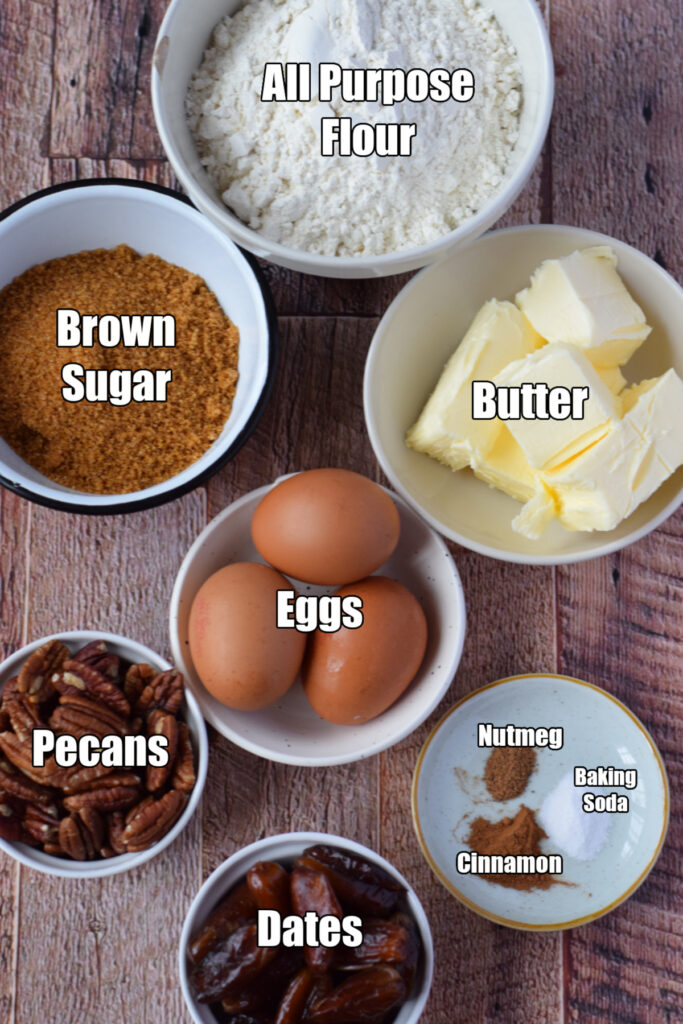 Ingredients to make date pecan cookies.