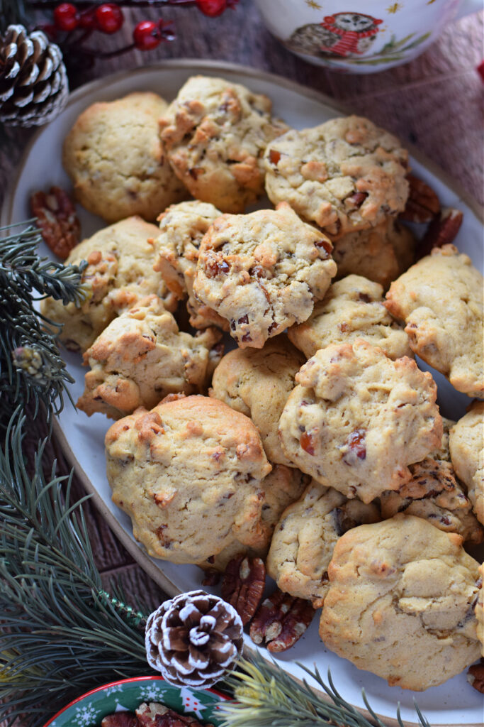 Close up of christmas cookies on a plate.