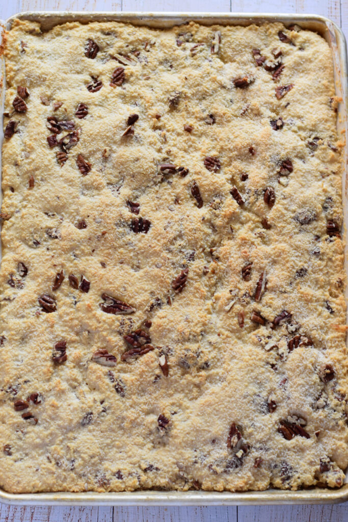 Baked coconut pecan cookie bars.