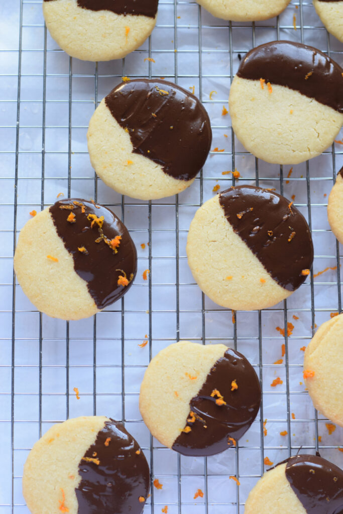 Orange chocolate dipped shortbread cookies.