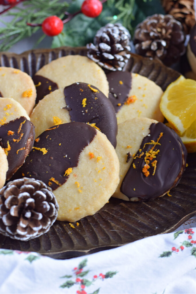 Close up of chocolate orange shortbread cookies.