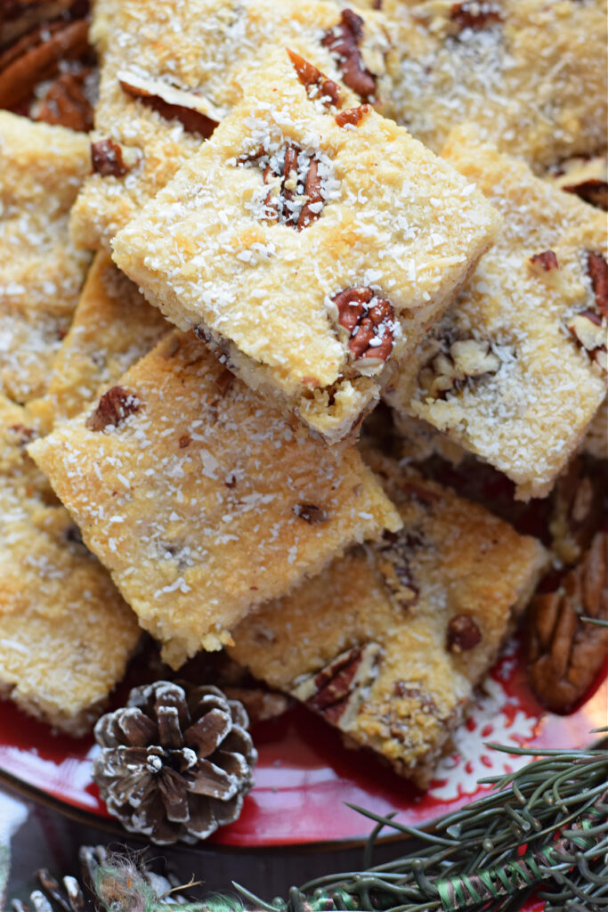Close up of coconut pecan cookie bars.