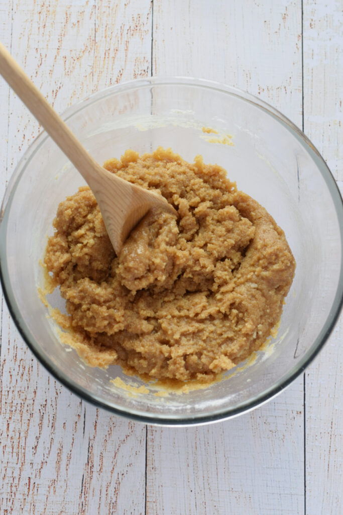 Cookie dough base in a glass bowl.