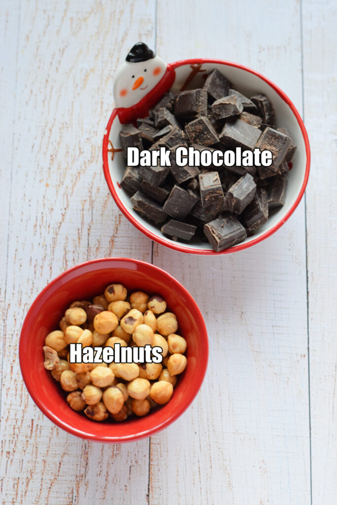 Ingredients to make chocolate hazelnut clusters.