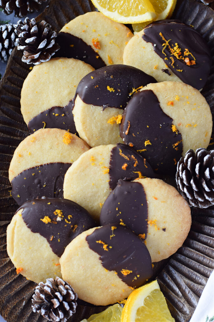 Close up of chocolate orange shortbread cookies.