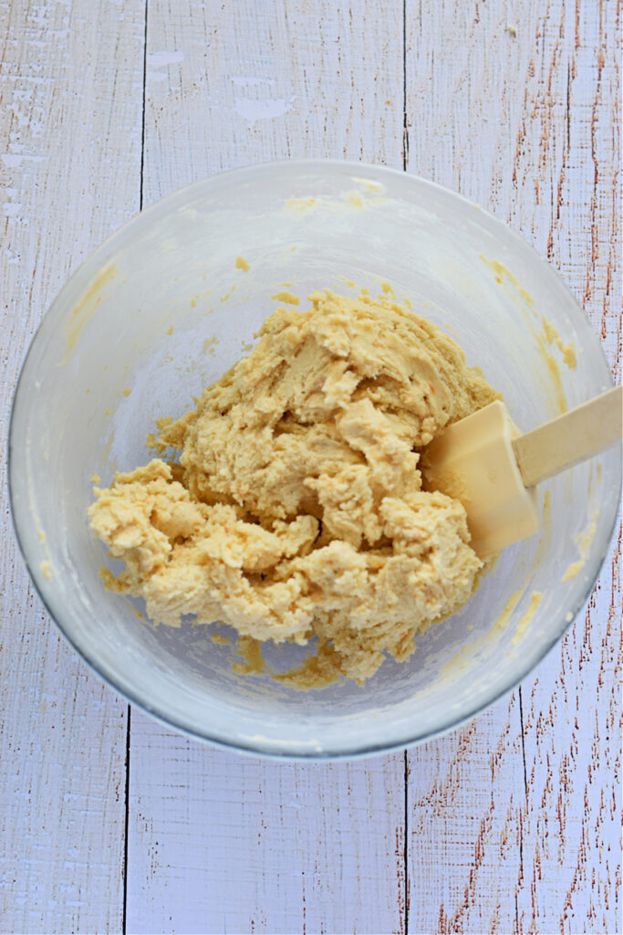 Making shortbread cookies in a glass bowl.