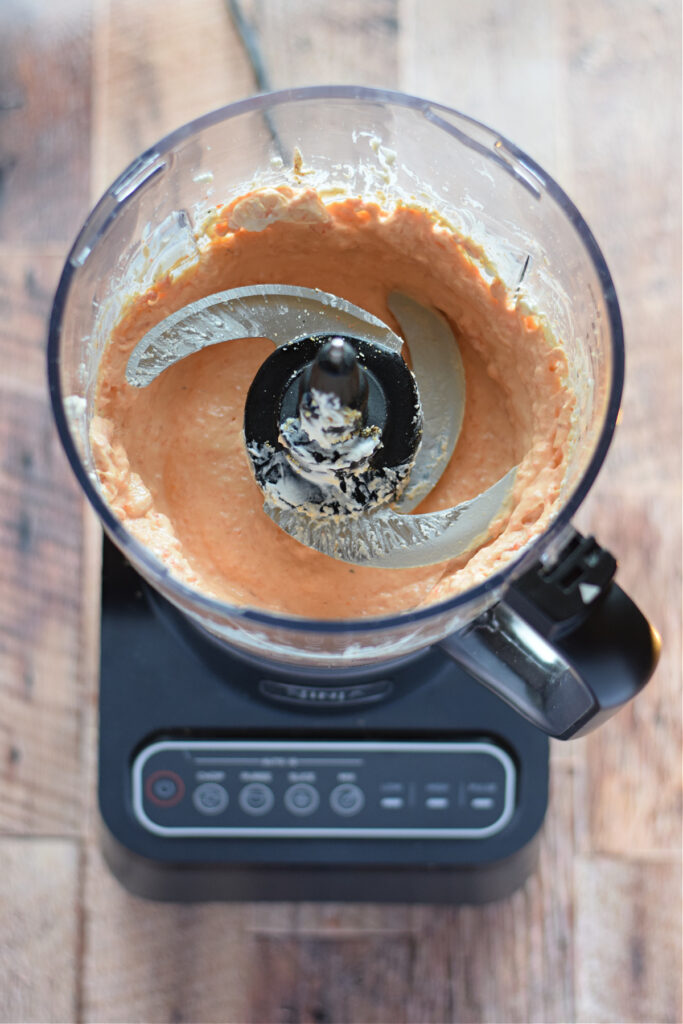 Roasted pepper dip in a food processor.