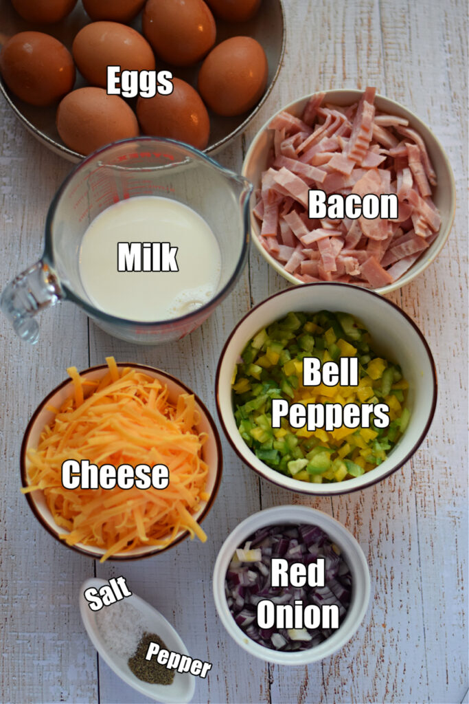 Ingredients to make a bacon and egg breakfast casserole.
