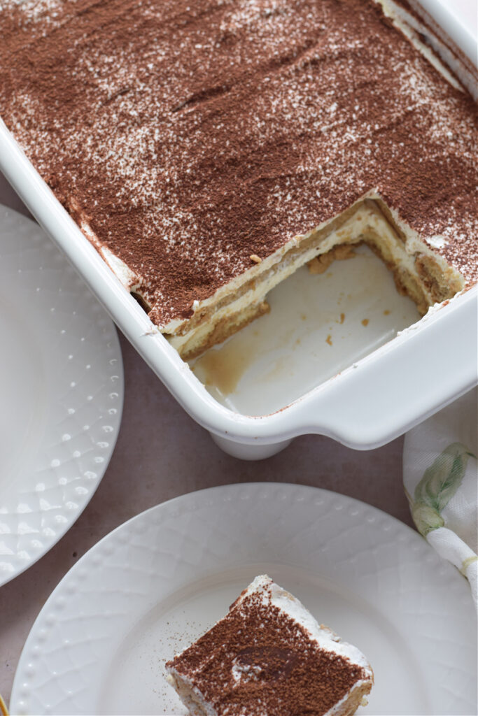 Tiramisu in a baking dish.