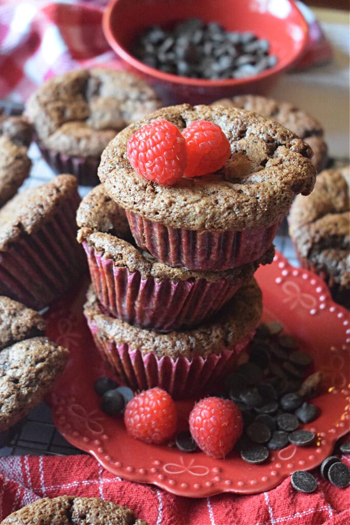 A stack of chocolate raspberry muffins.