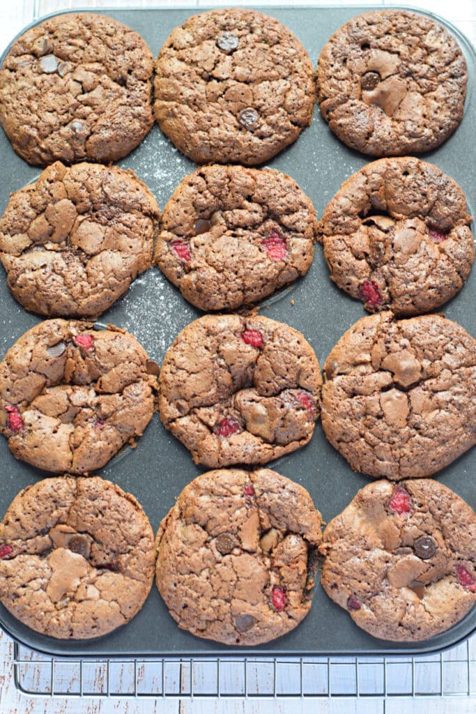 Baked chocolate raspberry muffins.