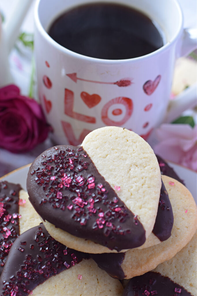 Close up of chocolate dipped sugar cookies.