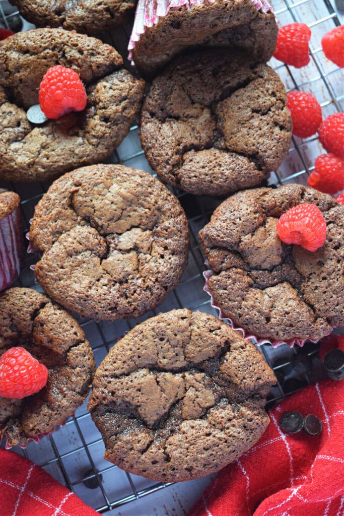 Close up of chocolate raspberry muffins.
