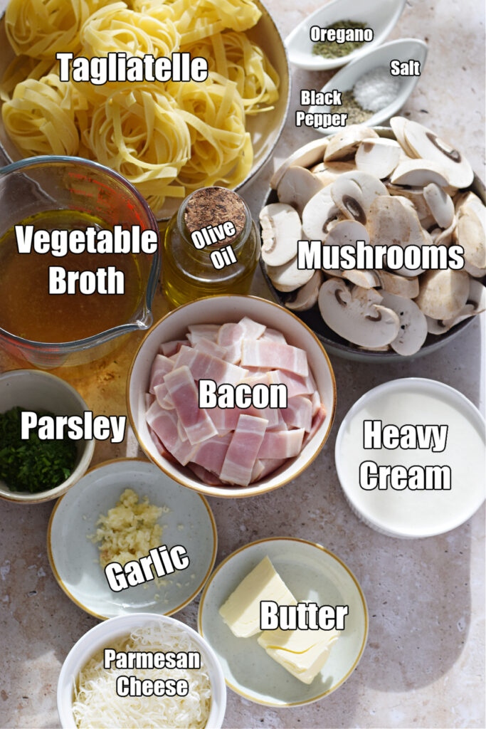 Ingredients to make creamy mushroom and bacon pasta.