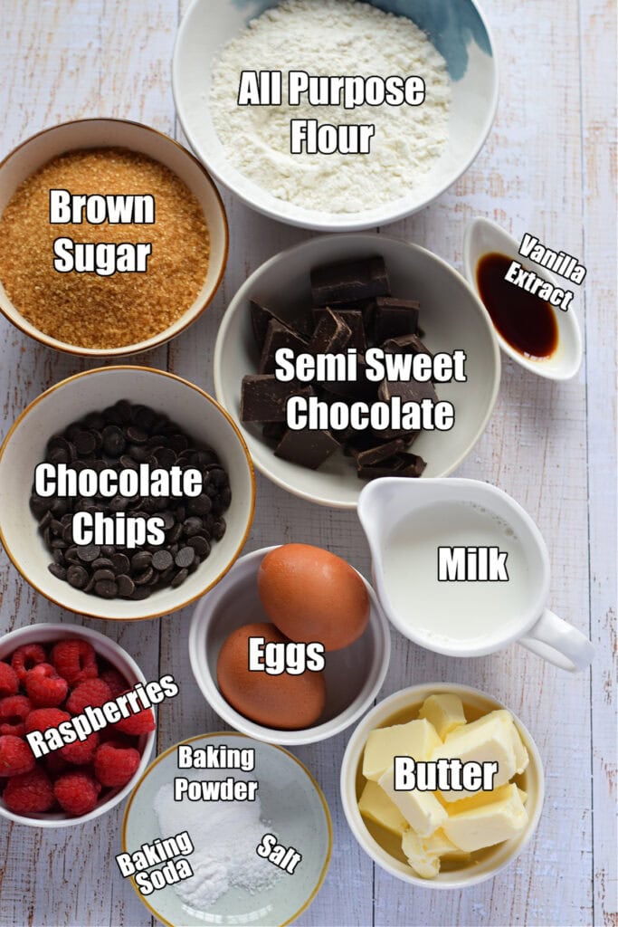 Ingredients to make chocolate raspberry muffins.