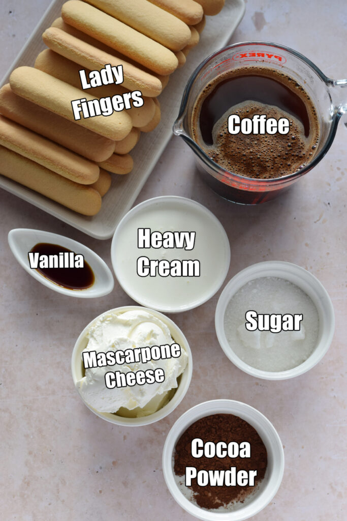 Ingredients to make easy tiramisu recipe.
