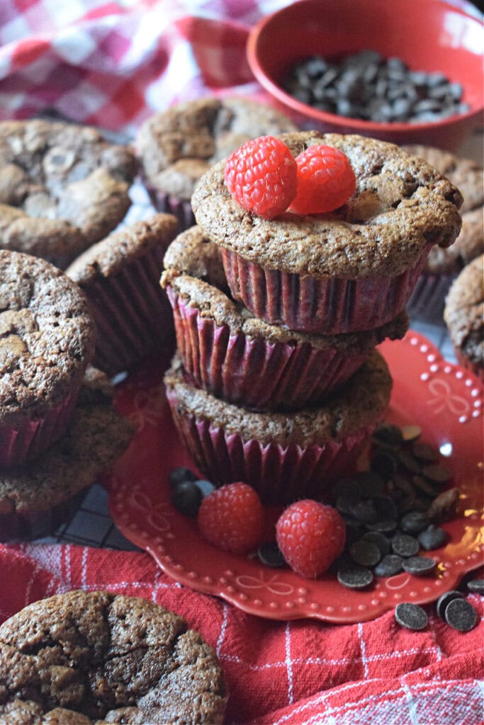 A stack of raspberry chocolate muffins.